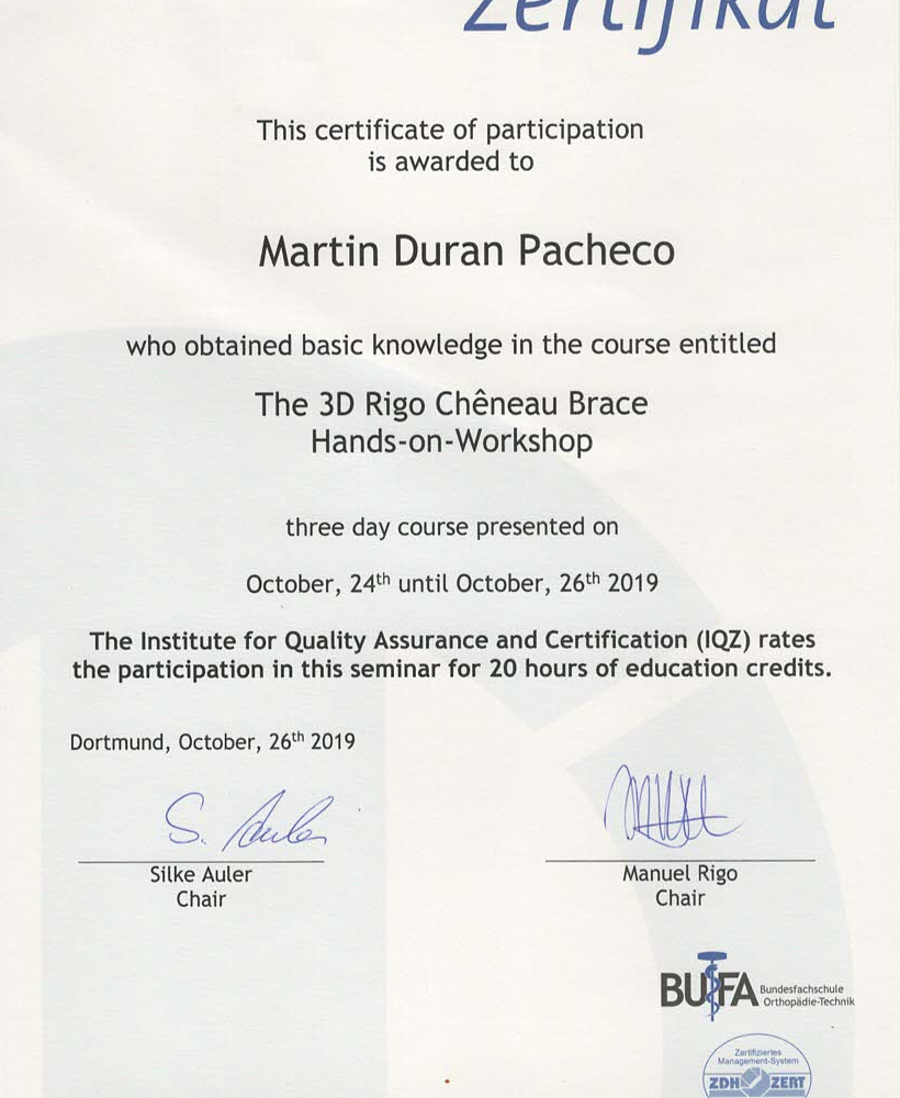 Certificado - BUFA - 3D Rigo Cheneau Brace Hand On