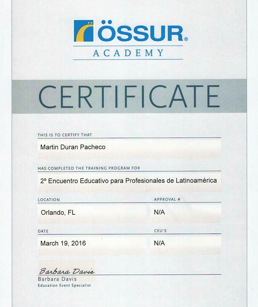 Certificado - Ossur Academy 2016